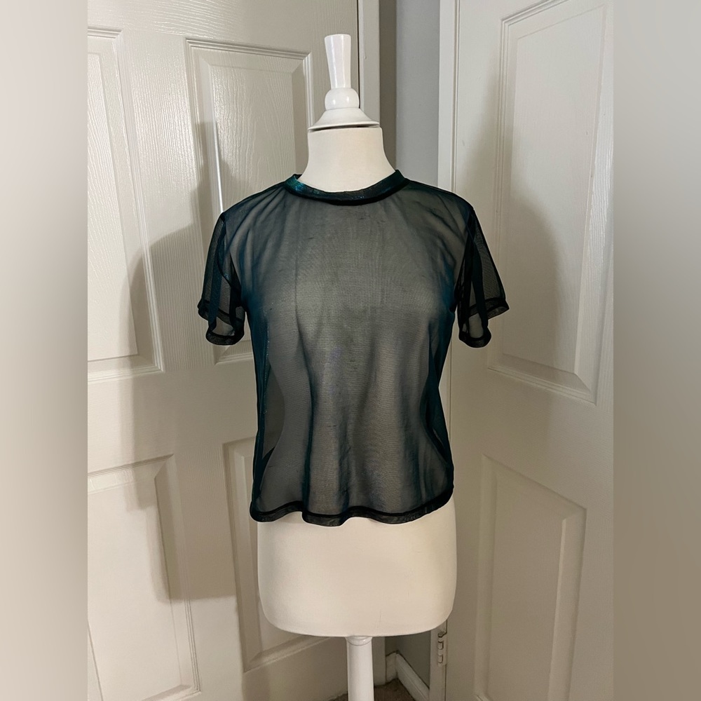 Blue mesh sheer holographic top